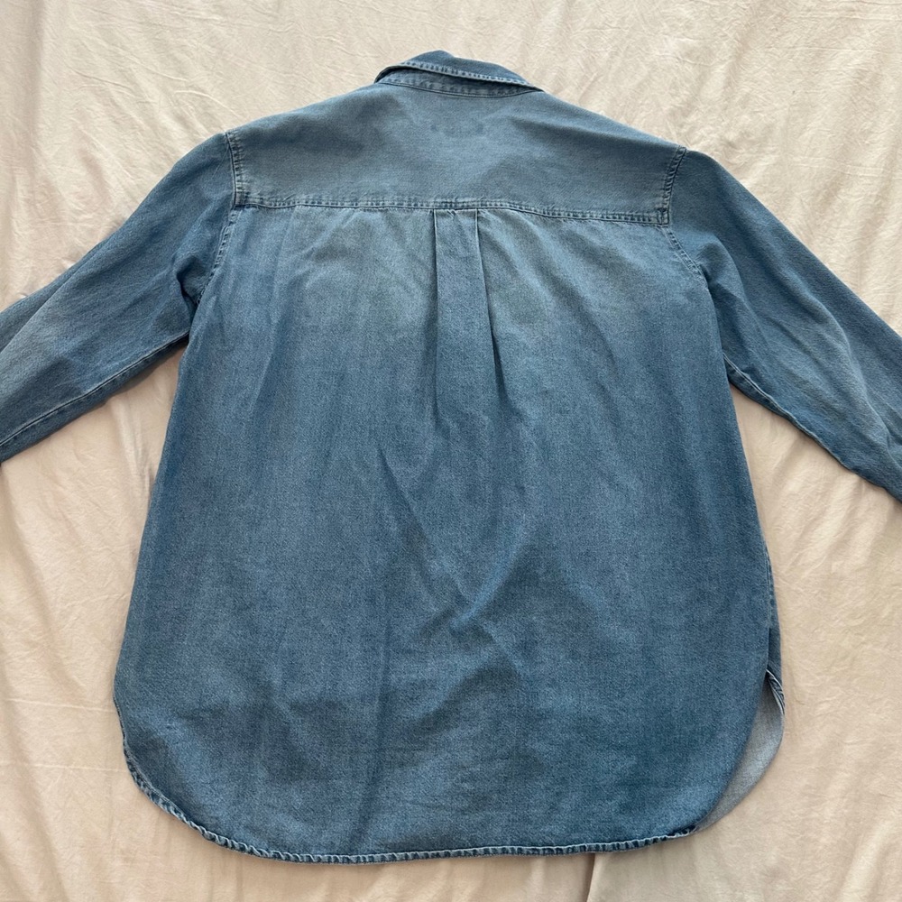 Something Navy Denim Pearl Button Shirt Blue Long Sleeve Casual Womens Top large - Picture 2 of 8